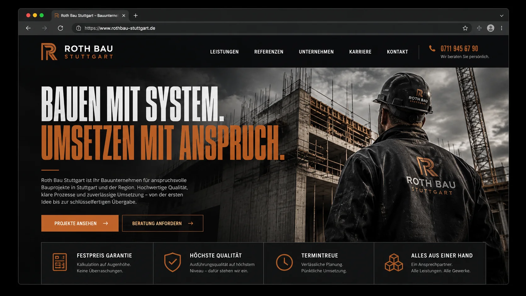Mockup einer modernen Bau-Webseite, Beispiel 1