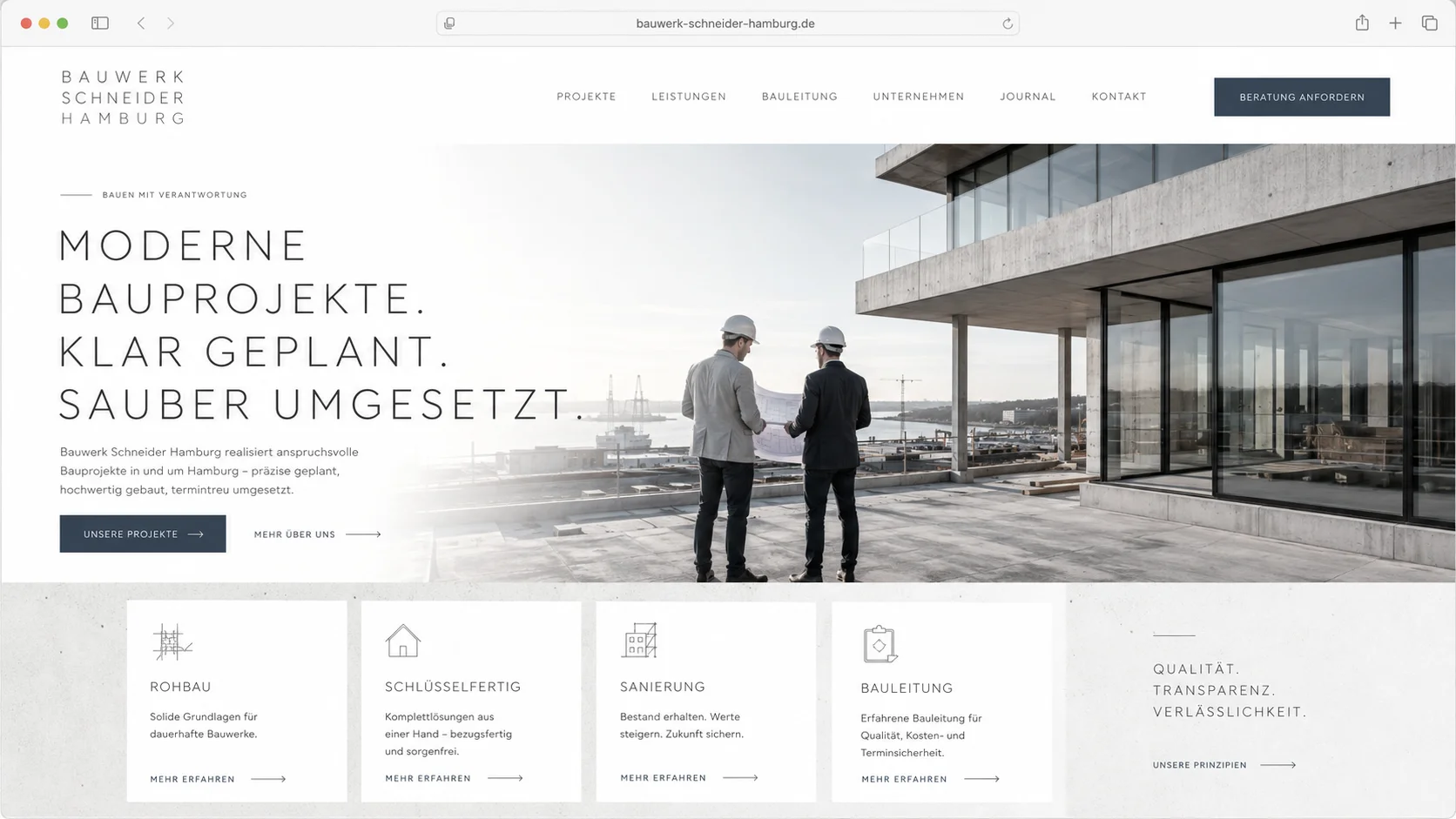 Mockup einer modernen Bau-Webseite, Beispiel 2