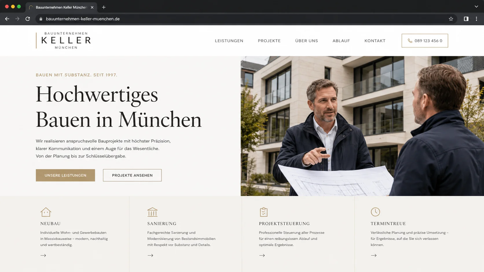 Mockup einer modernen Bau-Webseite, Beispiel 3