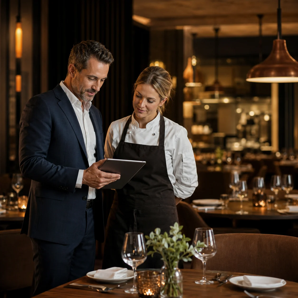 Gastronom mit verschränkten Armen in einem modernen Restaurant am Bodensee