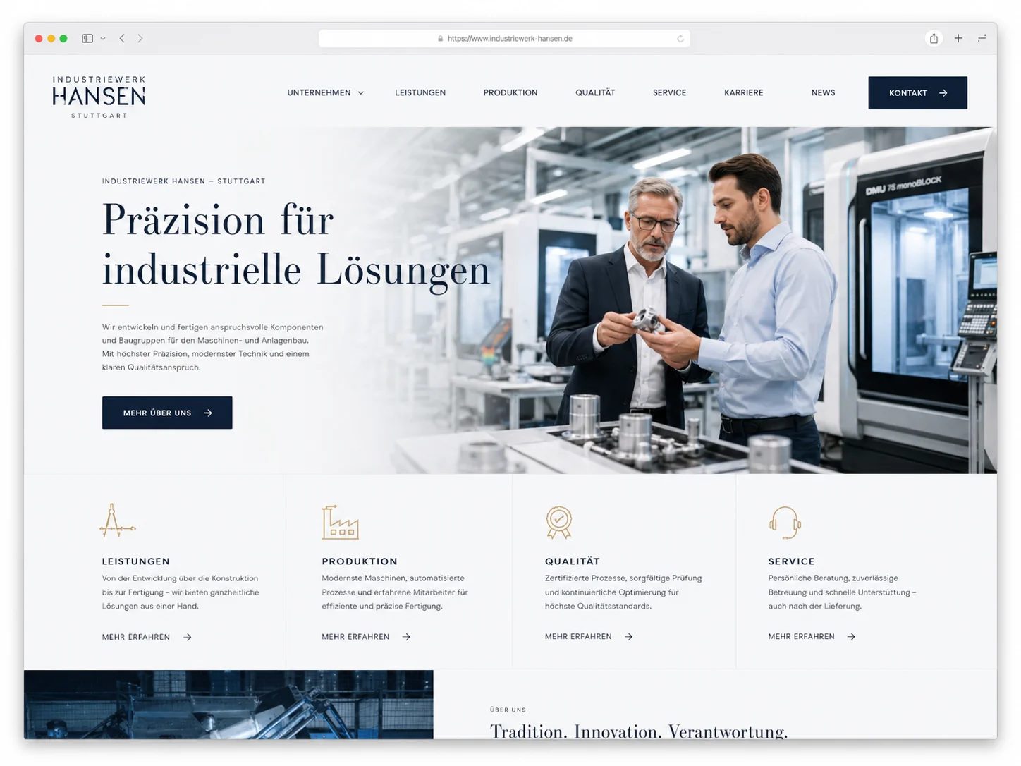 Mockup einer modernen Industrie-Webseite, Beispiel 1