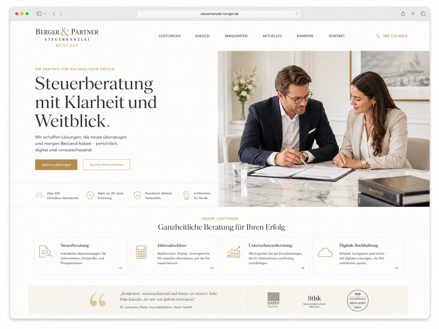 Mockup einer modernen Steuerberater-Webseite, Beispiel 1