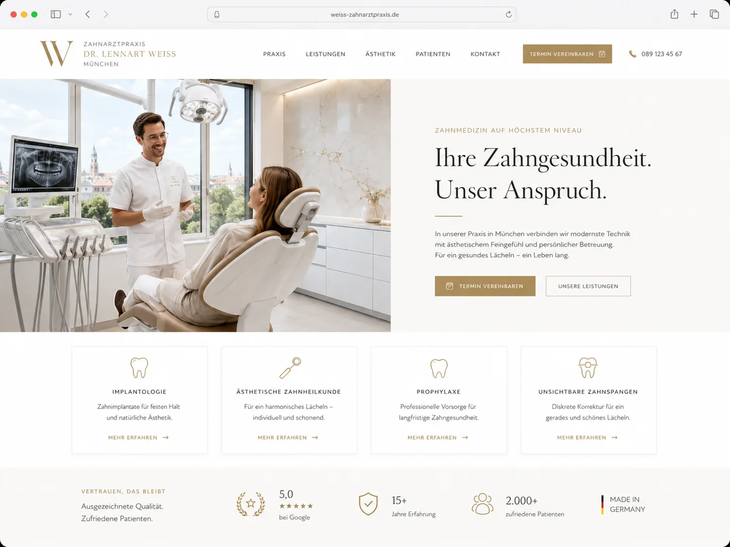 Mockup einer modernen Zahnarzt-Webseite, Beispiel 1