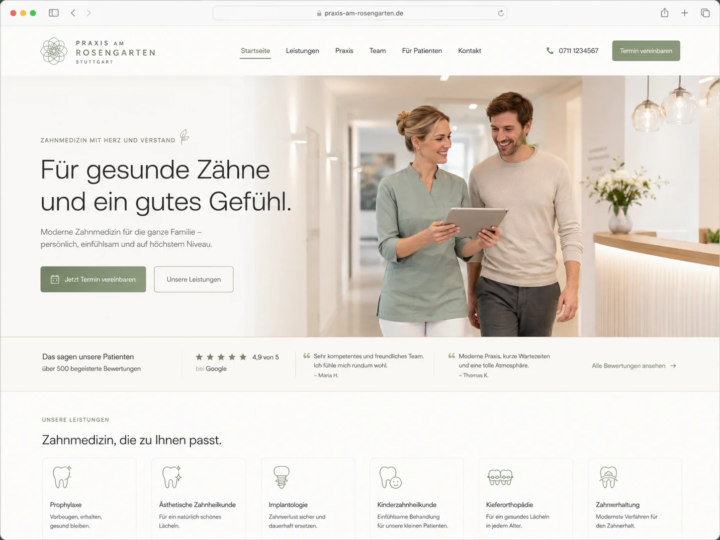 Mockup einer modernen Zahnarzt-Webseite, Beispiel 3