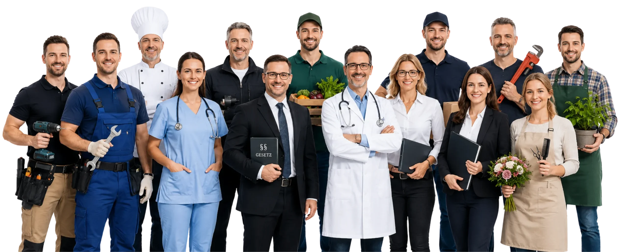 Menschen aus verschiedenen Branchen: Handwerk, Medizin, Recht, Beratung, Gastronomie und mehr