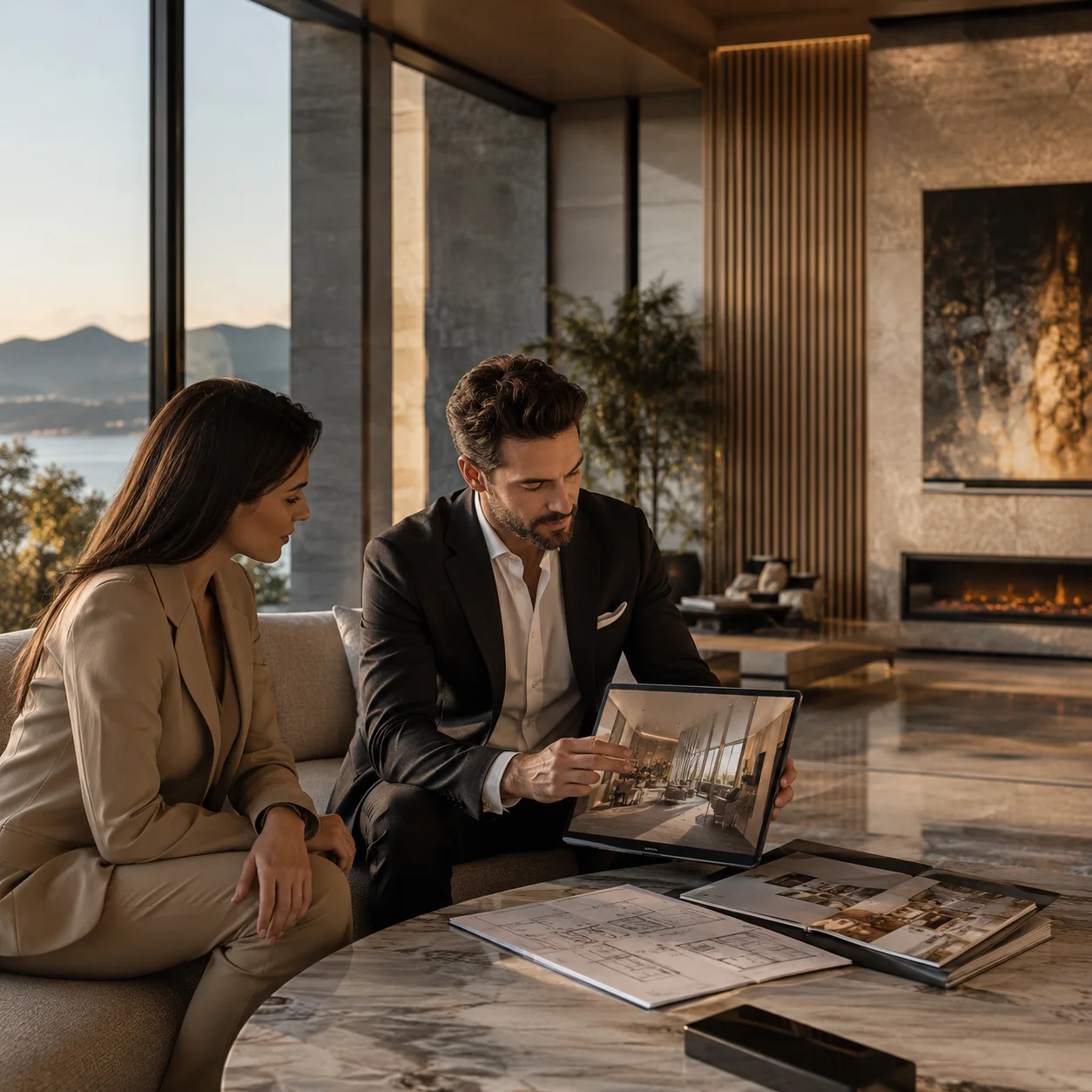 Immobilienmakler mit verschränkten Armen vor einem modernen Büro am Bodensee