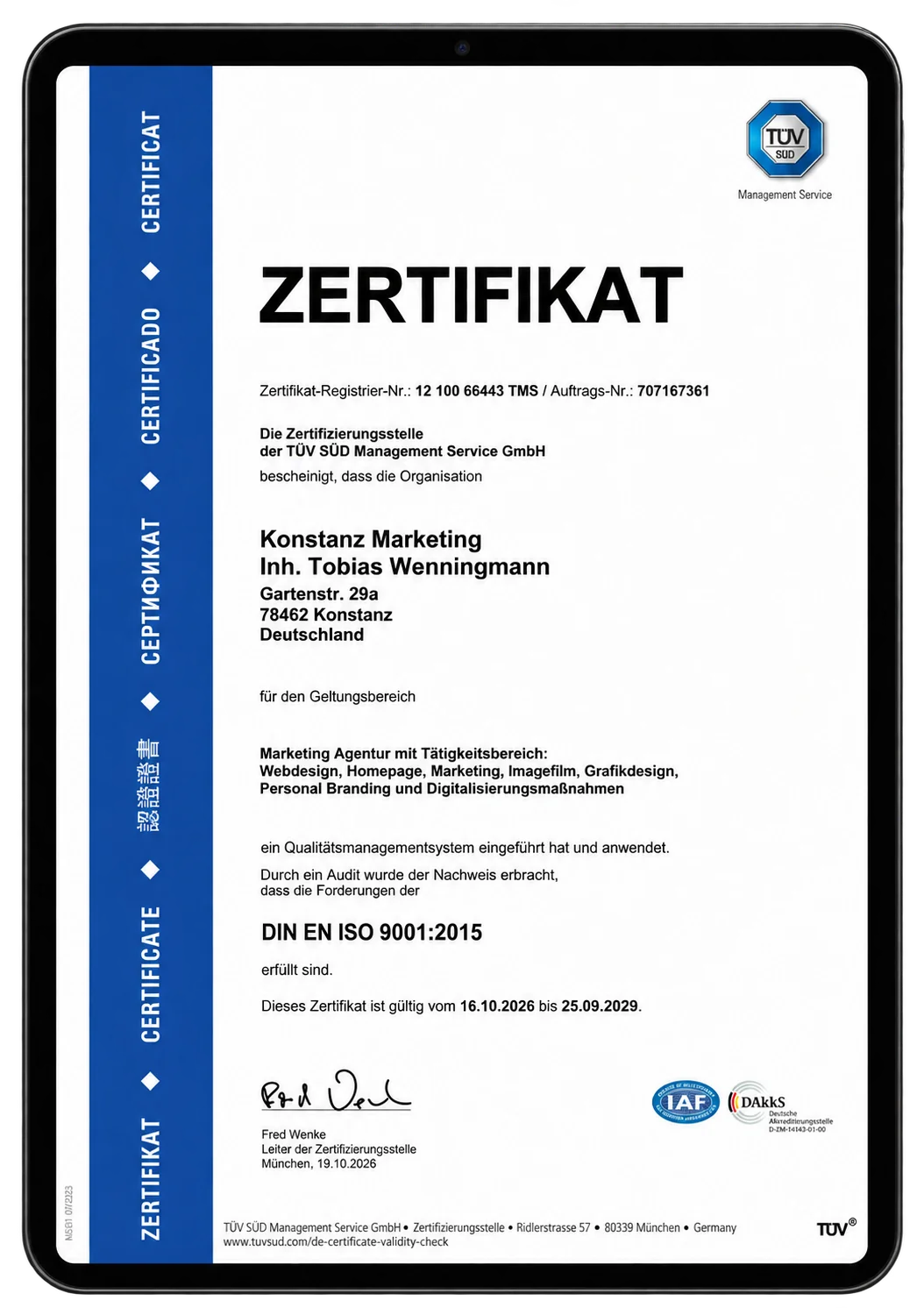 TÜV SÜD Zertifikat DIN EN ISO 9001:2015
